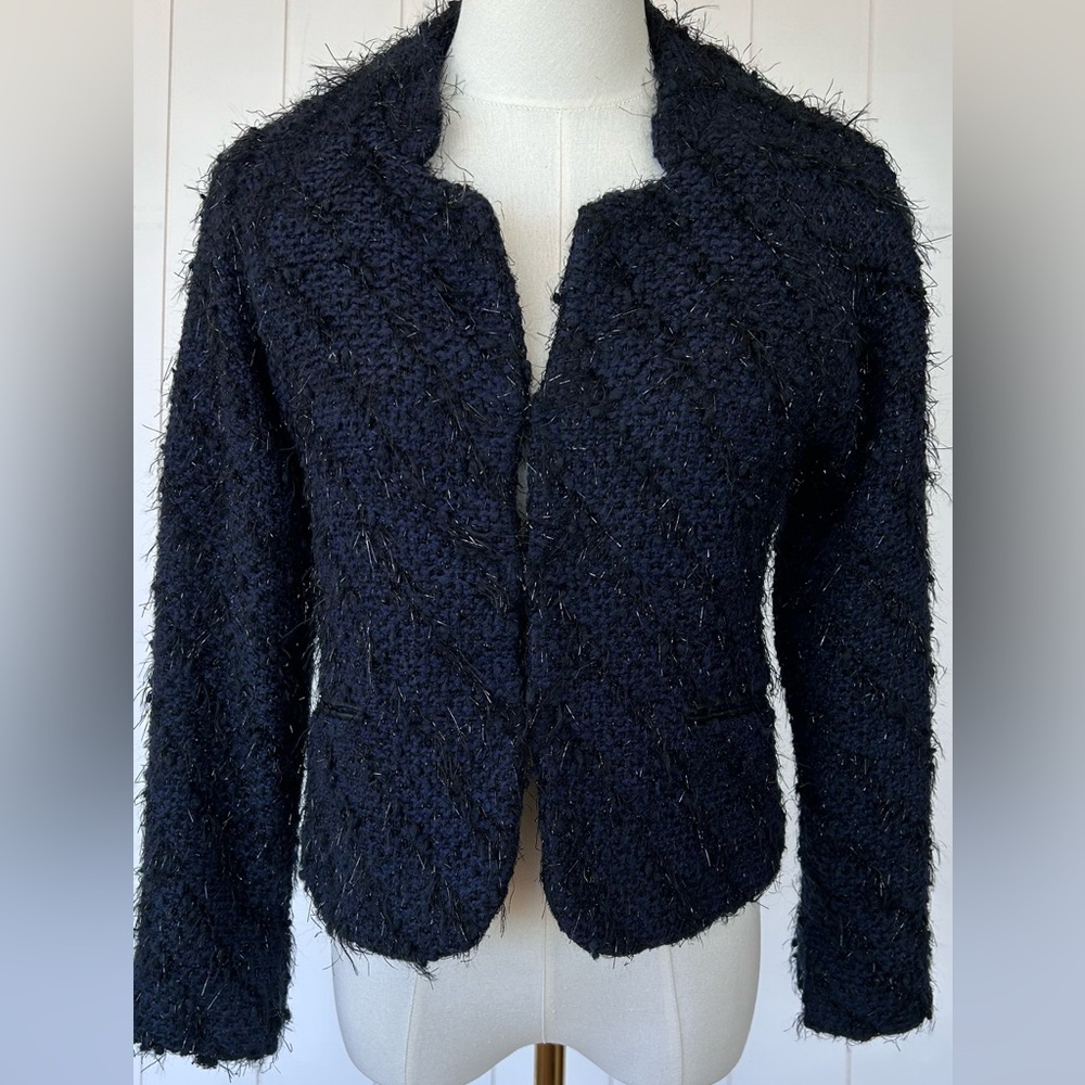 Sanctuary Cropped Boucle Jacket Black &‎ Blue Shiny Threads Shaggy Texture Small